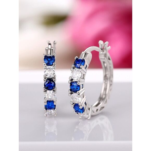 Sapphire Blue Cubic Zirconia Silver Hoop Earrings Classic Elegant Gemstone New - Picture 4 of 7